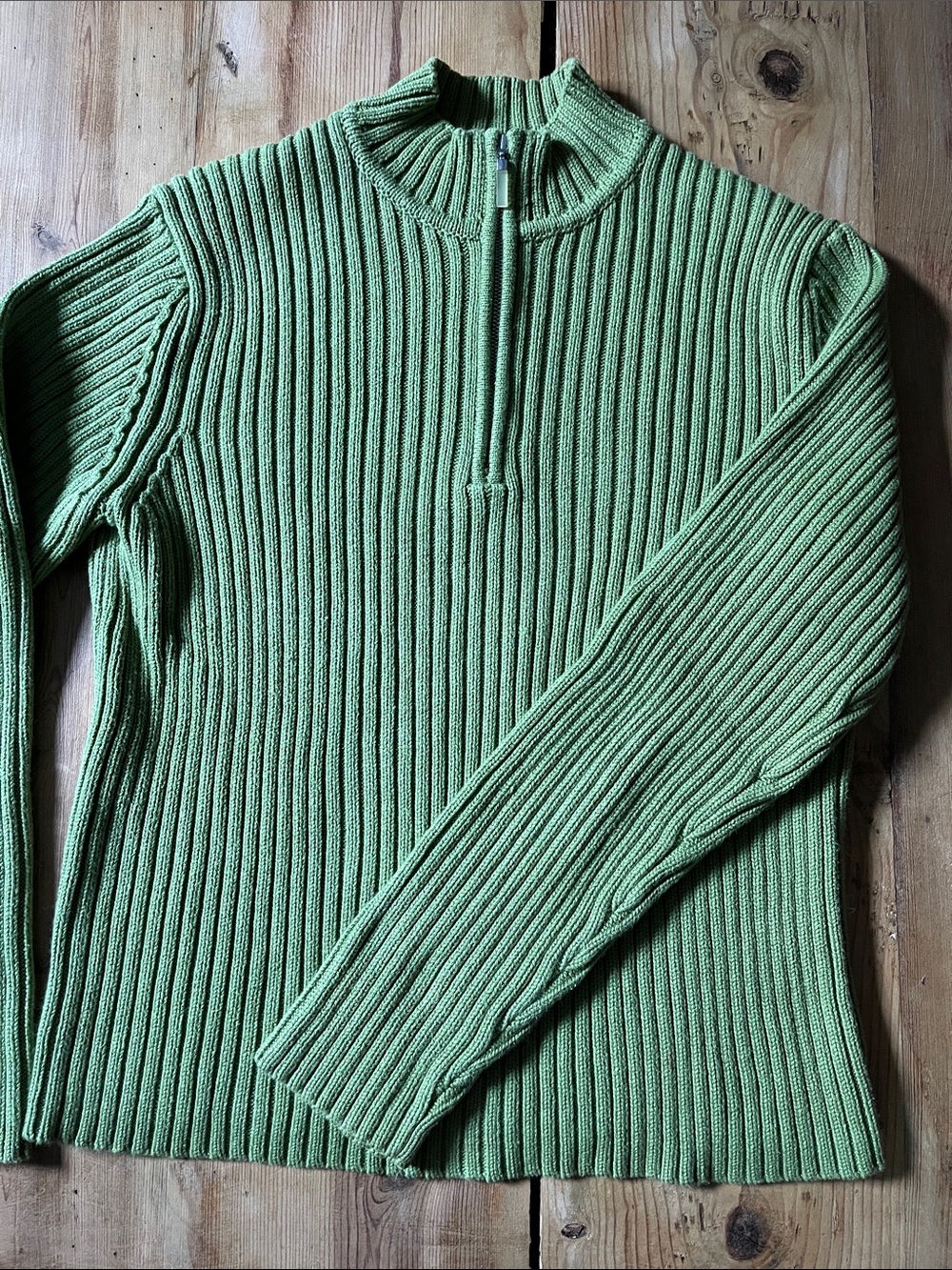 HANNA ANDERSSON Women's L Green Quarter Zip 100% Cotton Sweater Ribbed